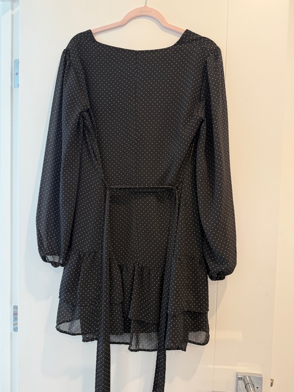 Black Polka Dot Wrap Dress with Long Sleeves